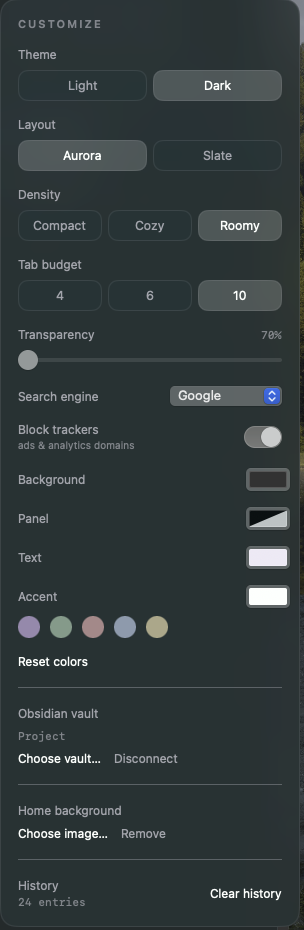 Customize panel — themes, accent color, density